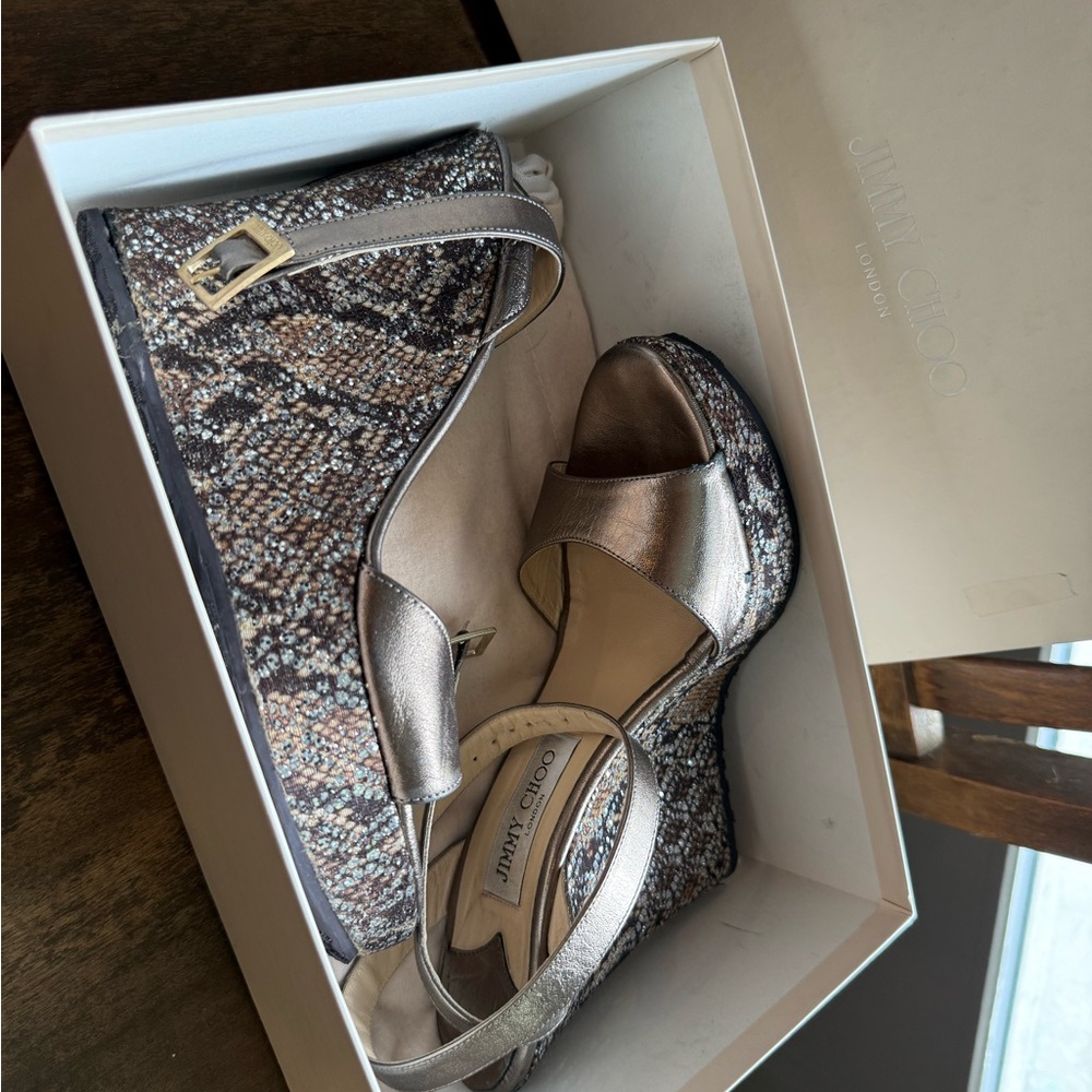 Jimmy Choo Silver Wedge Shoes with Glamorous Finish